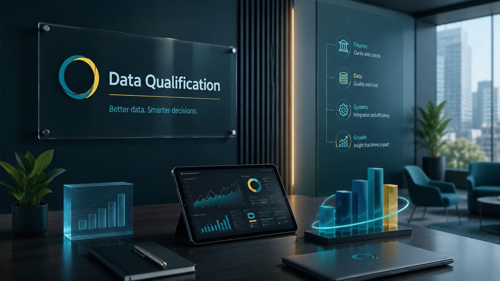 Data Qualification office with company branding, analytics tools and business decision support