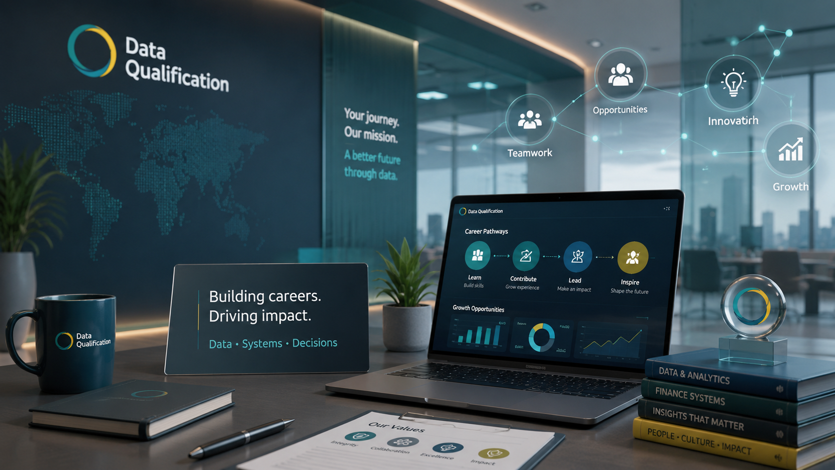 Data Qualification workplace with career pathway materials and company branding