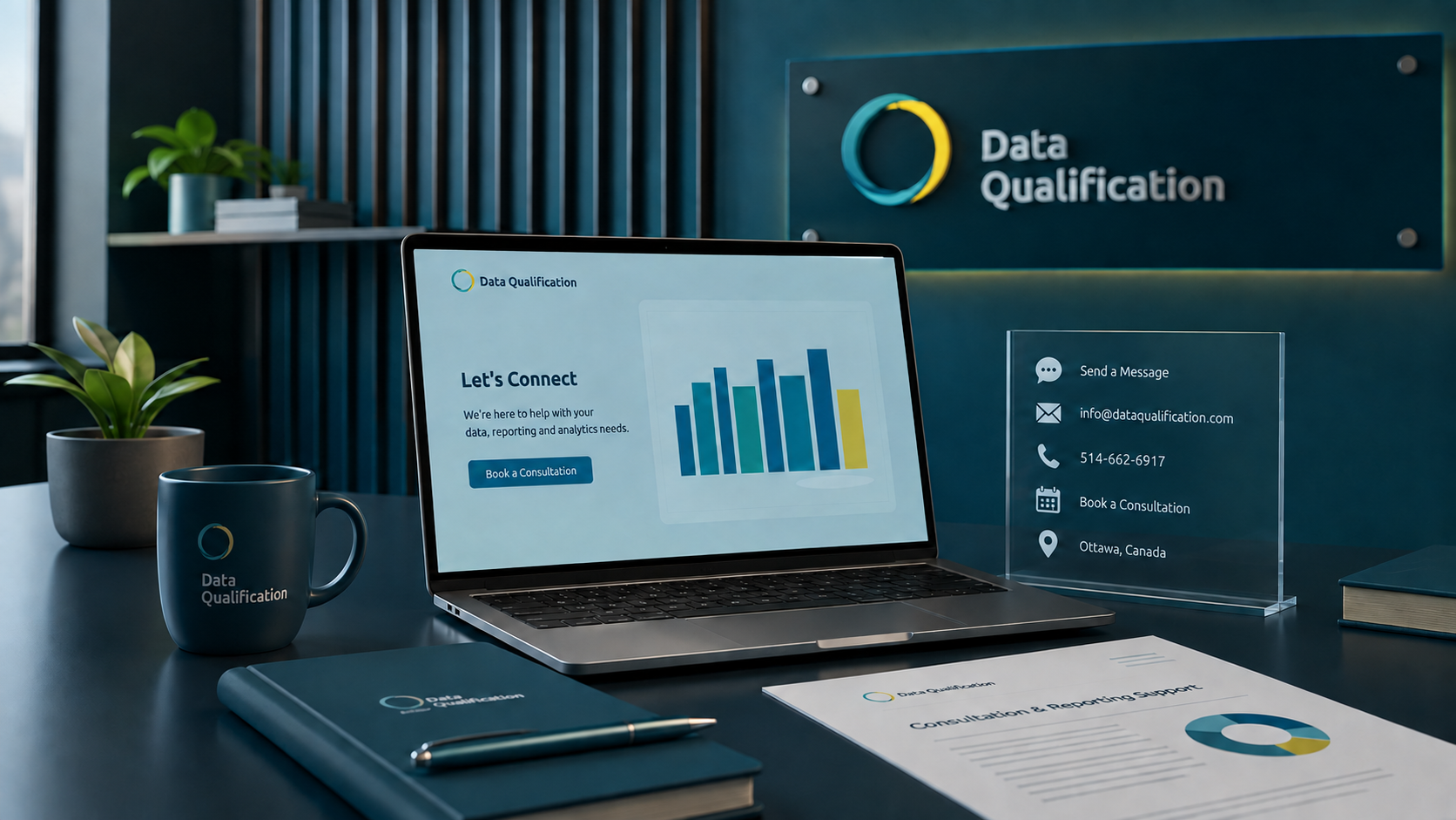 Data Qualification consultation desk with Let's Connect materials and company branding