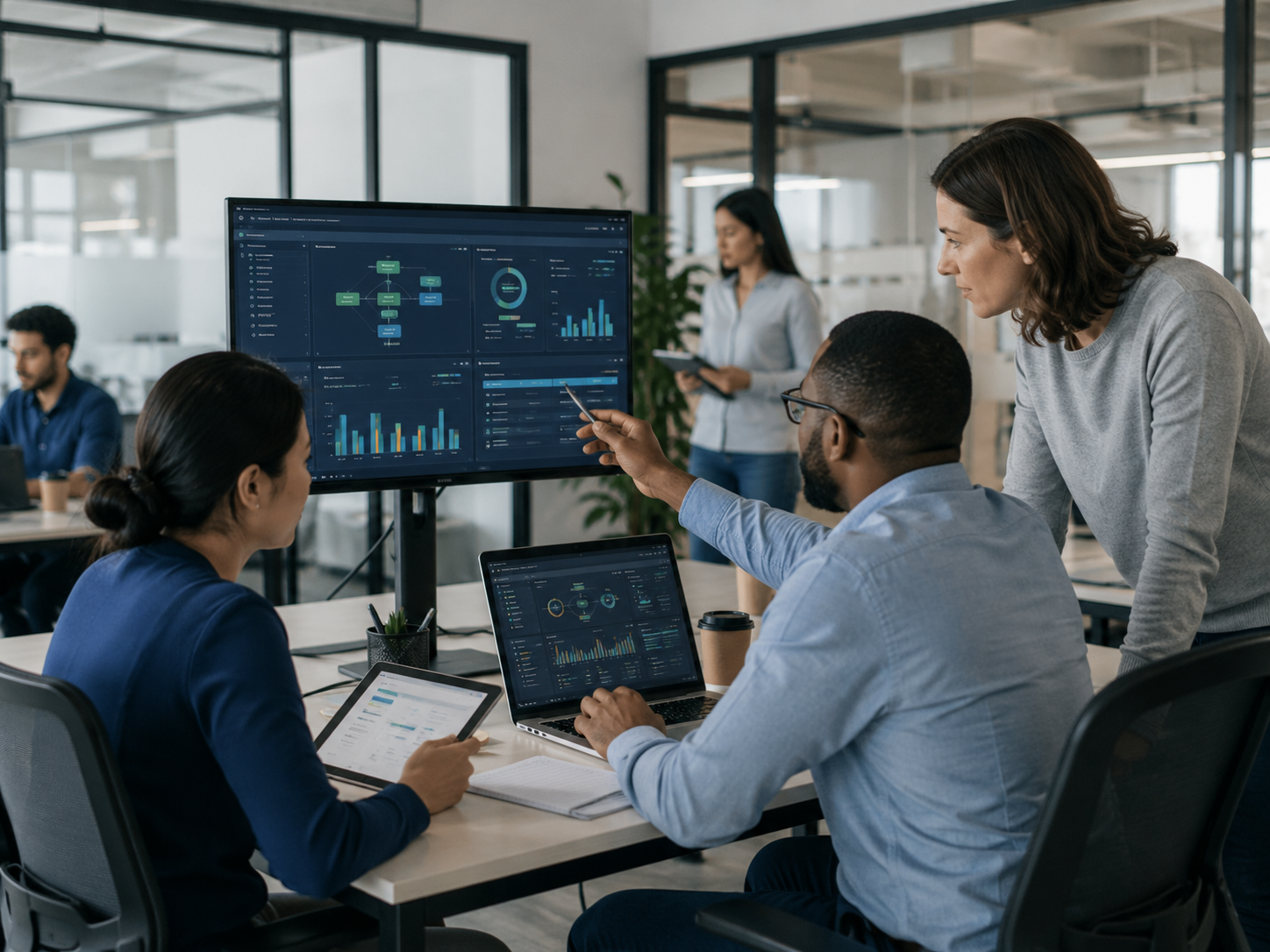 Technology business reviewing integrated operational and financial data