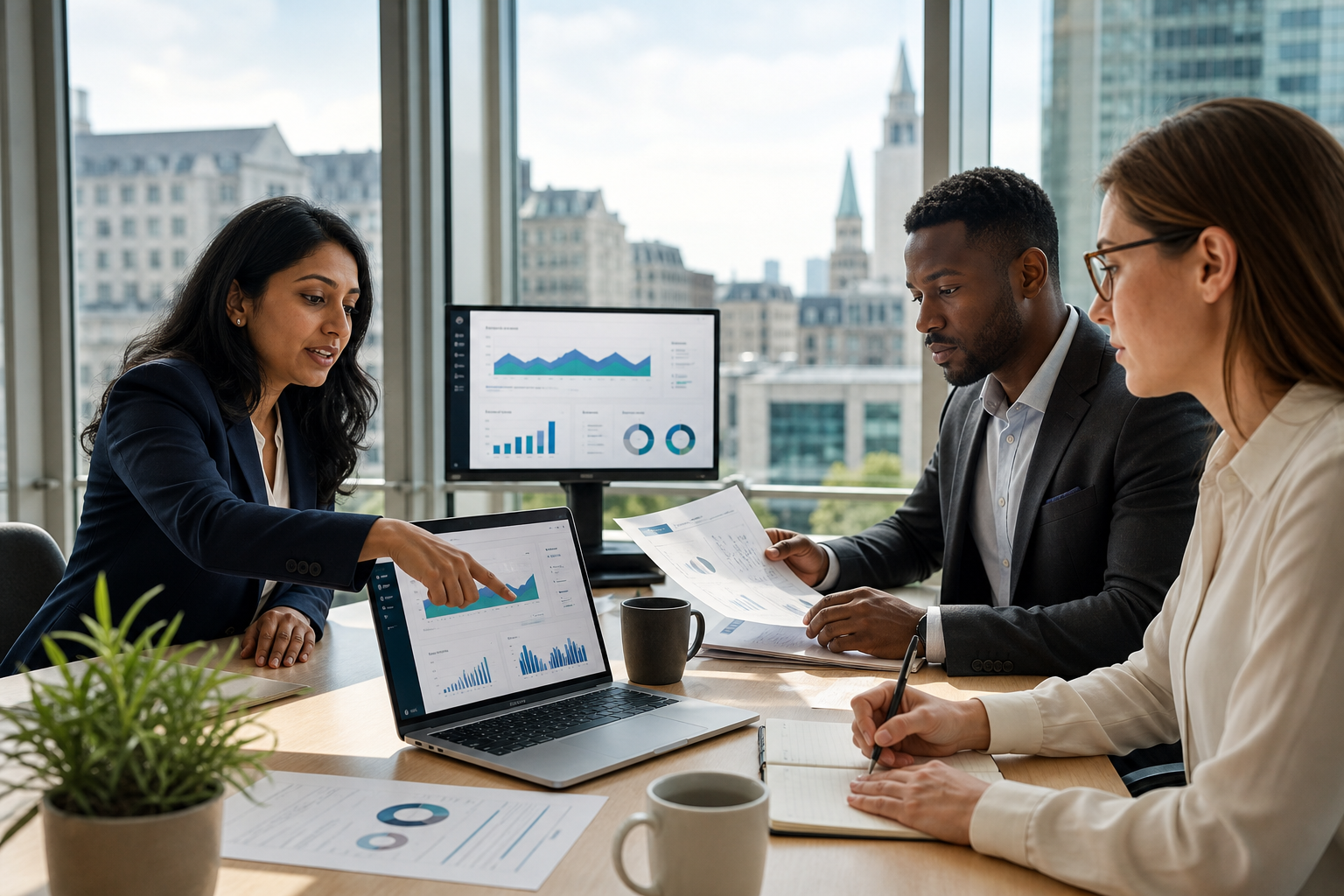 Diverse consultants reviewing business dashboards in a Canadian office