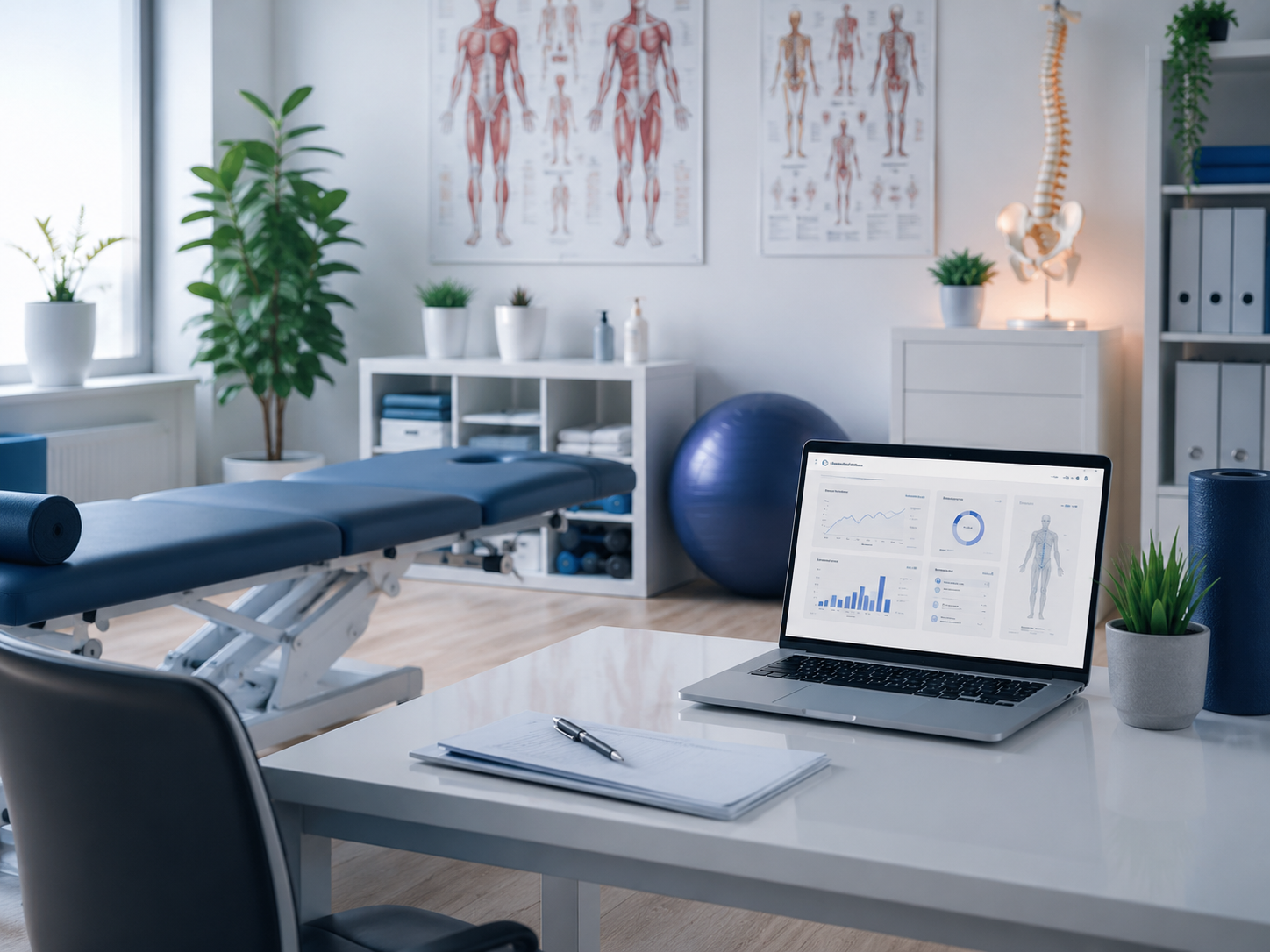 Physiotherapy treatment room with clinic equipment and an operational analytics screen