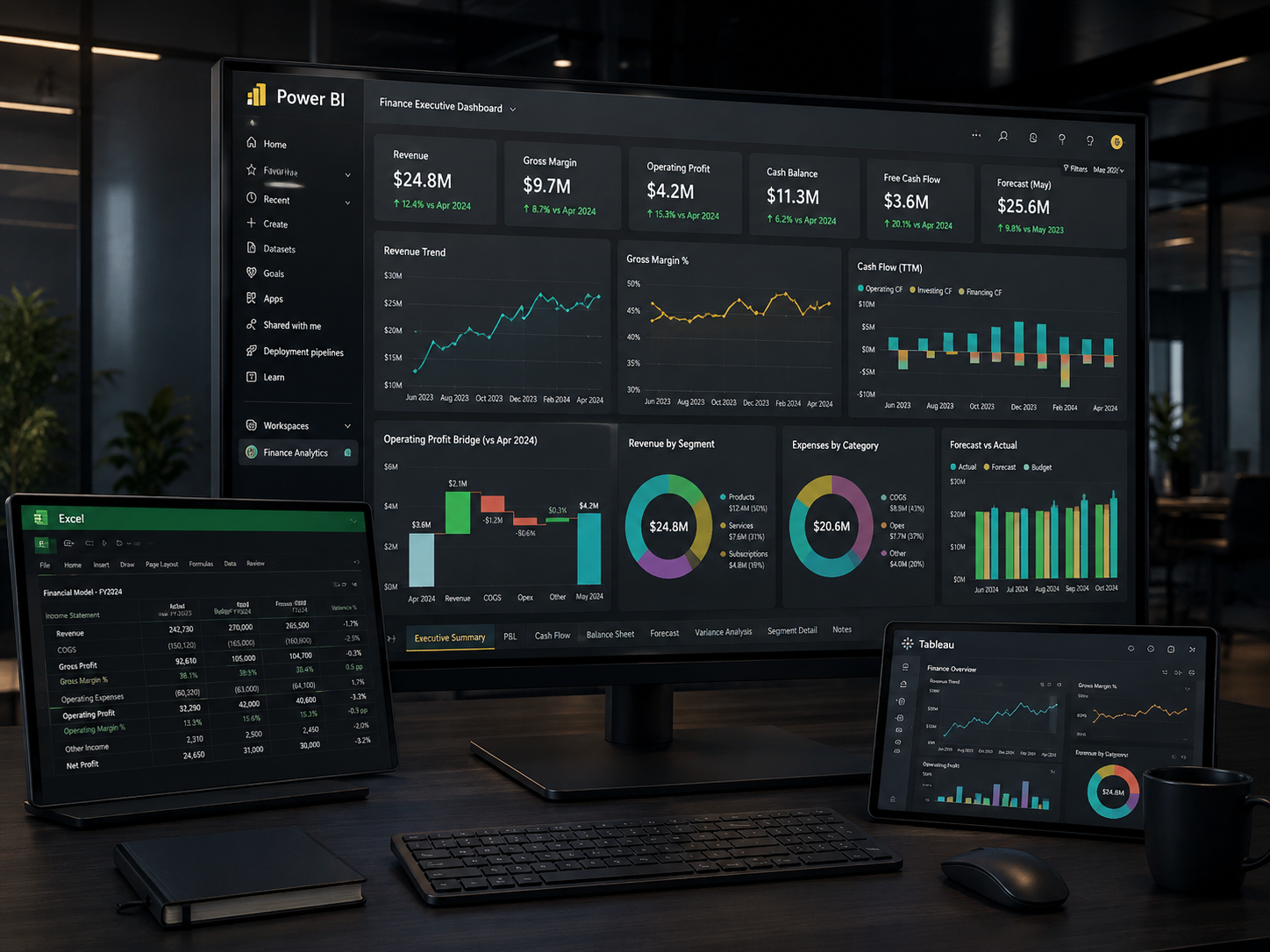 Power BI-style management dashboard with financial KPIs