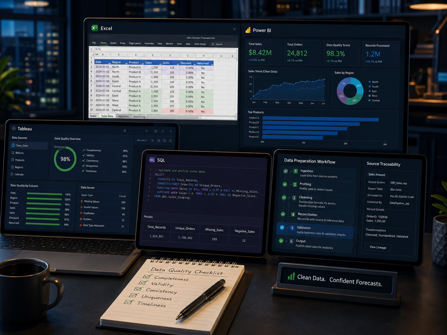 Data qualification workflow using Excel, SQL, Power BI and Tableau before forecasting