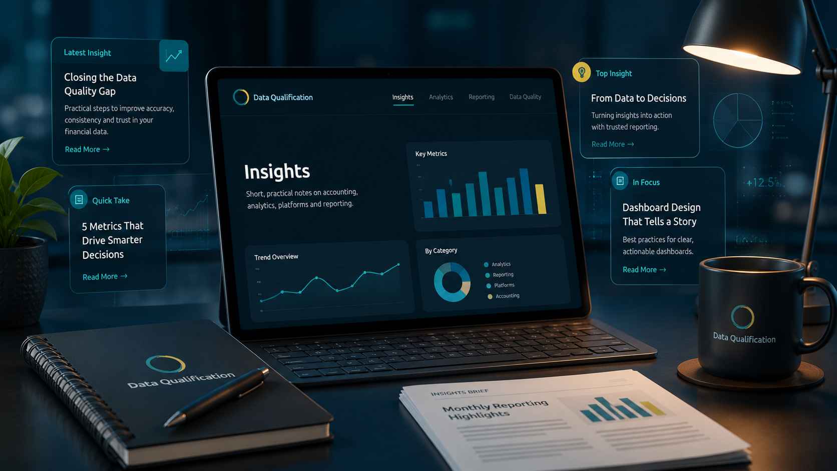 Laptop dashboard and Data Qualification insights materials on a professional desk