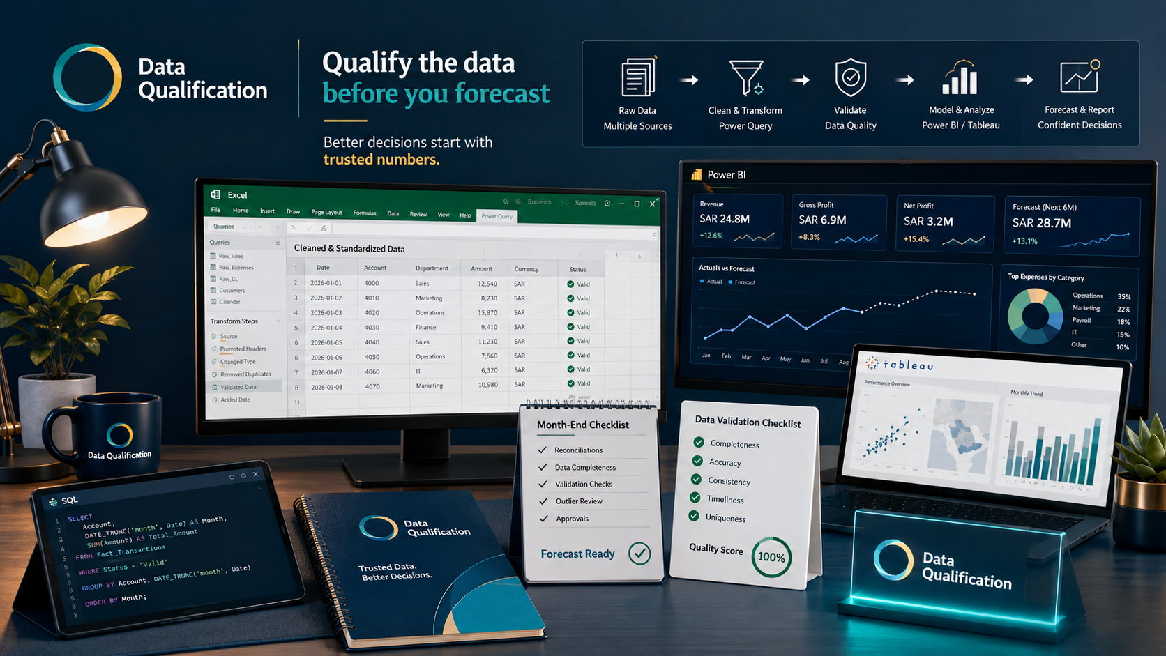 Data qualification workflow using Excel, SQL, Power BI and Tableau before forecasting