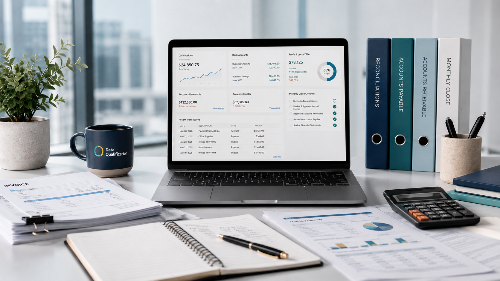 Bookkeeping workspace with reconciliation and reporting materials