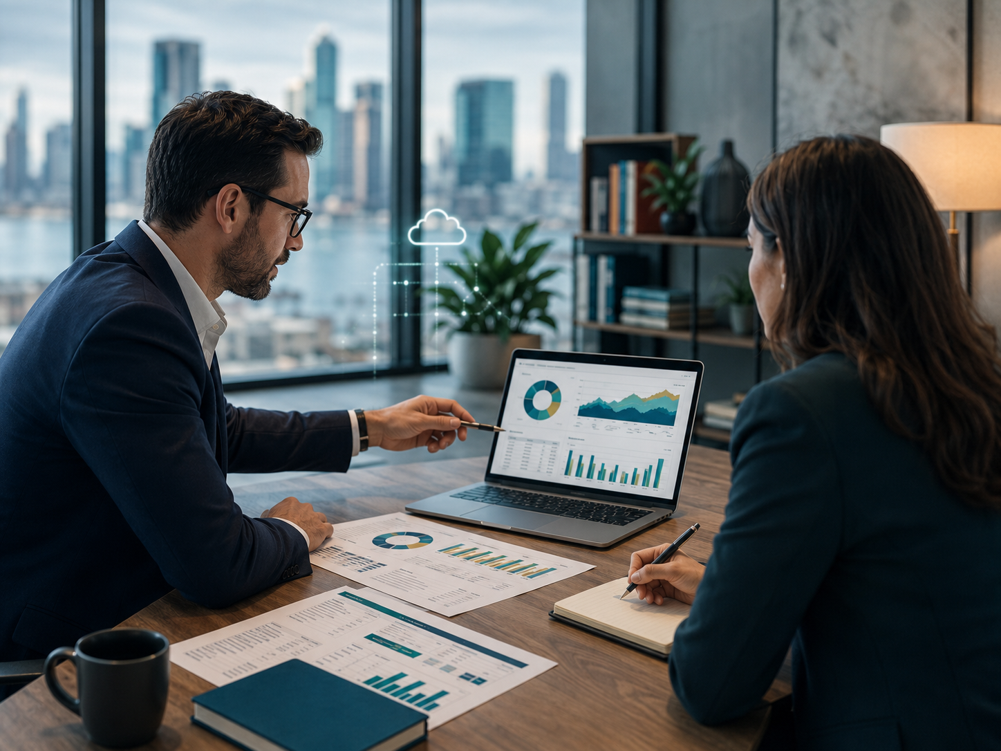 Professional reviewing connected financial and analytics workstreams